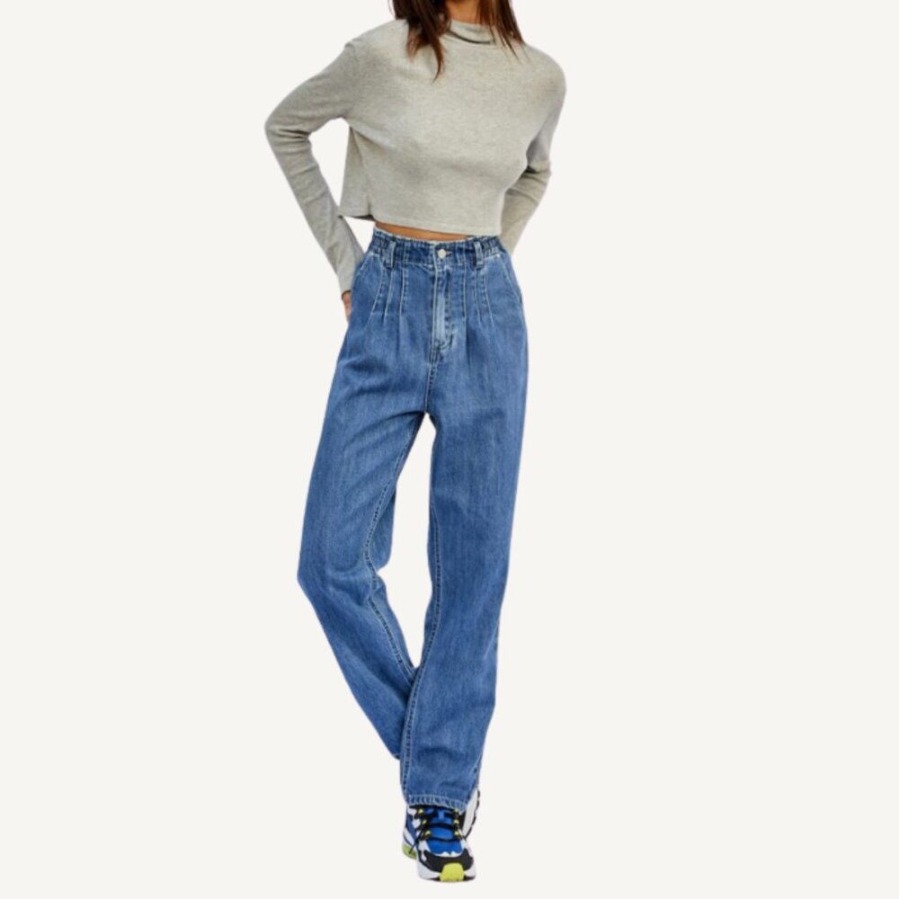NWT INSANE GENE High Rise Pleated Mom Jeans Elastic Waist Medium Wash L
